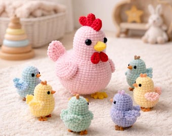 Crochet Chicken and Chicks Amigurumi Pattern (PDF), Farm Animal Toy, Easter Decor