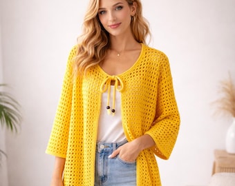 Crochet Mesh Cardigan Pattern PDF, Summer Beach Cover Up Crochet Pattern, Tie Front Cardigan, Easy Beginner Crochet Garment