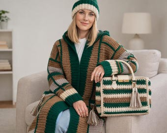 Crochet Cardigan Pattern PDF, Boho Striped Hooded Coat, Matching Bag & Beanie (Instant Download)