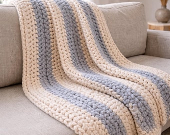 Chunky Crochet Blanket Pattern, Modern Striped Throw (PDF Download)