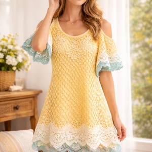 Cold Shoulder Crochet Dress Pattern PDF: Boho Lace Tunic Cover Up (Instant Download)