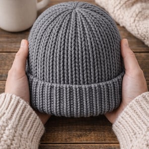 Puede incluir: Un gorro de punto acanalado gris. El gorro está sostenido por manos que visten un suéter color crema. El gorro tiene un borde doblado y un patrón de costilla vertical texturizado. Una taza blanca y una porción de un artículo de punto color crema están en el fondo.