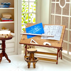 Vintage Architects Drafting Table + Stool – 1:12 scale --- Dollhouse Miniature DIY kit