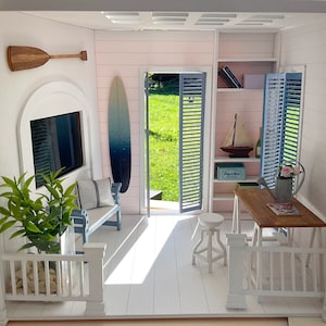 The Beach House Roombox 1/12 scale DIY kit including shutter doors, paddle, surfboard, shelf, bench and mini sailboat kit