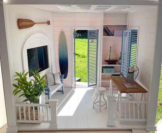 The Beach House Roombox 1/12 scale DIY kit including shutter doors, paddle, surfboard, shelf, bench and mini sailboat kit