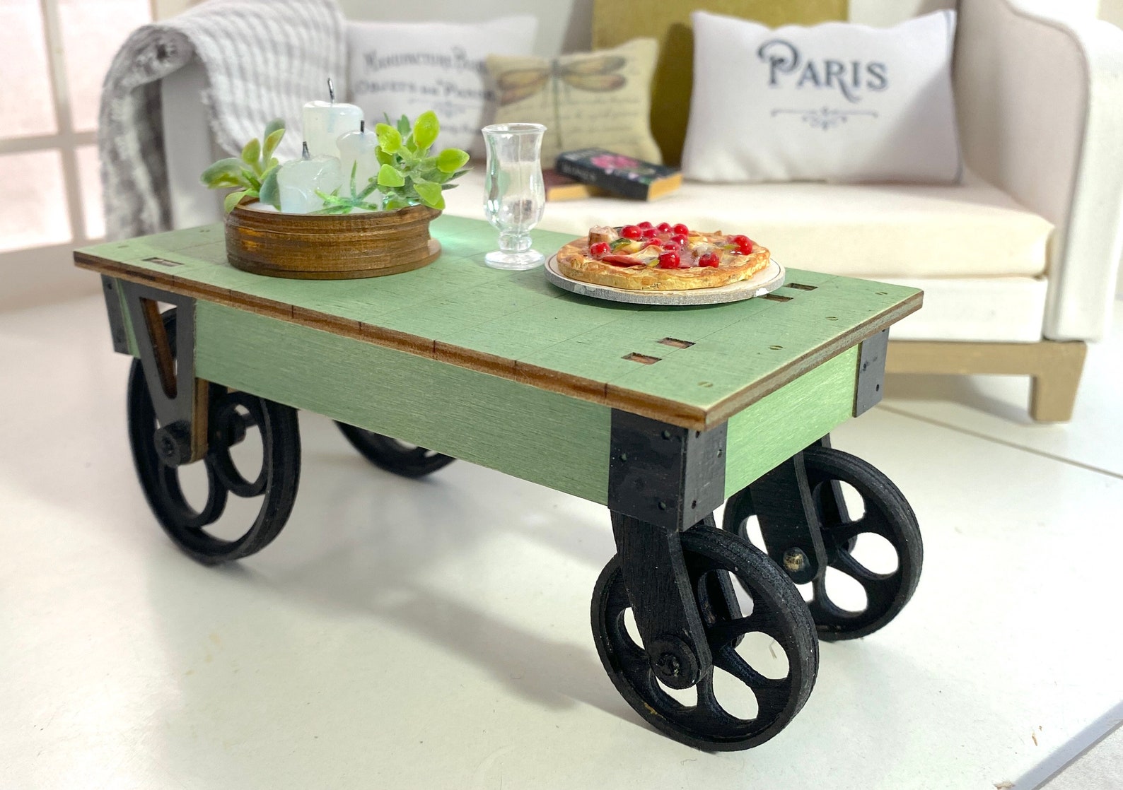 Wheel Table Kit Industrial Cart Coffee Table on 4 Wheels – 1:6 Scale Miniature DIY Kit ...