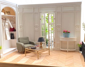 The Paris Apartment Wall with functioning french double doors, balcony recess, wrought iron railing and wall moulding – 1:6 scale DIY kit