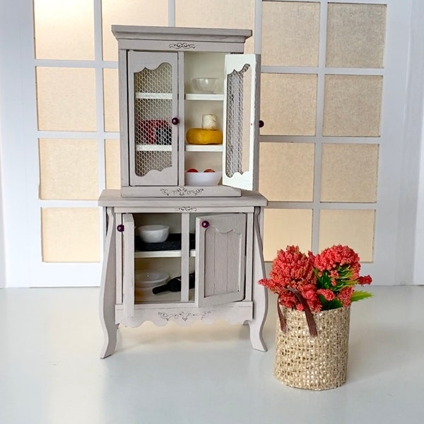 KIT - French Country Cupboard Kitchen Cabinet w 4 working doors – 1:12 scale miniature KIT --- Diorama Roombox. Pre-assembled, easy to make