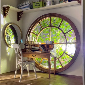 The Phantasy Study – 1-12 scale book nook roombox display - DIY kit - Round window, shelving with scrollwork brackets, antique desk optional