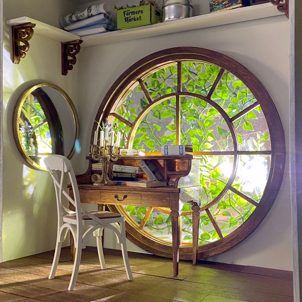 Phantasy Study – 1-12 scale book nook roombox display - DIY kit - Round window, shelving with scrollwork brackets, antique desk optional