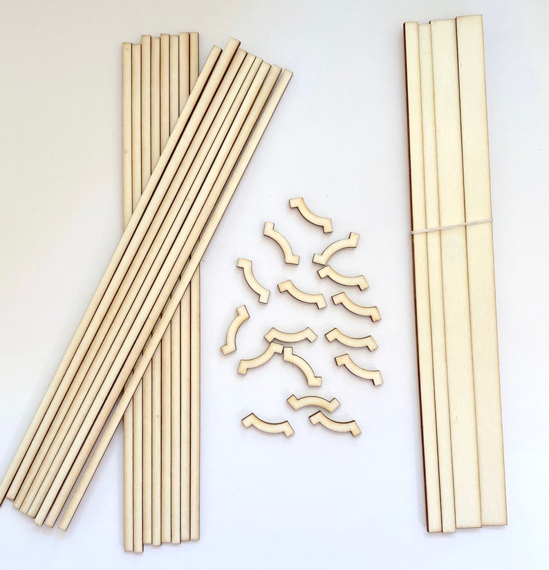 Pu&ograve; includere: Un set di bastoncini di legno, pezzi curvi e strisce piatte per costruire un modello. I bastoncini sono raggruppati, i pezzi curvi sono sparsi e le strisce sono legate insieme con un elastico.