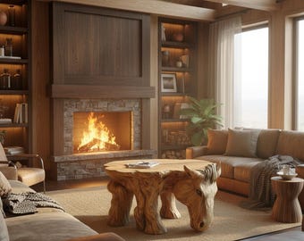 Senufo Style Unique Wood Donkey Coffee Table, Hand Carved Large Rustic Lodge Furniture