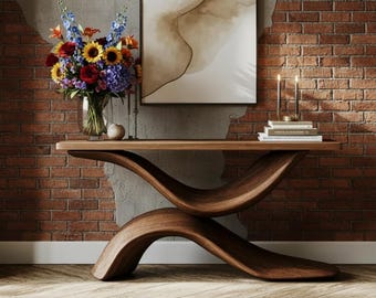 Mesa de entrada estrecha con base en X, mueble moderno para pasillo, mesa de sofá de madera maciza.