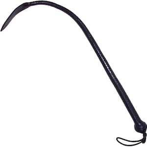 May include: A black leather whip with a braided handle and a curved, flat end. The whip is designed with a loop at the end of the handle. The object is isolated on a white background.