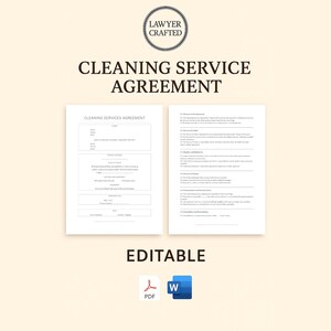 Könnte beinhalten: Ein Reinigungsdienstleistungsvertrag mit dem Text "CLEANING SERVICE AGREEMENT" und "EDITABLE". Das Dokument ist weiß mit schwarzem Text und enthält ein Logo mit der Aufschrift "LAWYER CRAFTED".