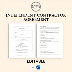 Könnte beinhalten: Eine Vorlage für einen unabhängigen Vertragsunternehmer mit dem Text "Lawyer Crafted" oben. Das Dokument ist in schwarzem Text auf weißem Hintergrund gehalten, mit dem Wort "Editable" unten sowie PDF- und Word-Symbolen.