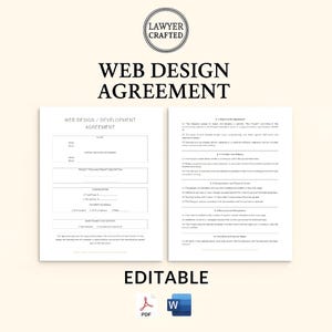 Könnte beinhalten: Eine Webdesign-Vertragsvorlage mit dem Text "Lawyer Crafted" oben. Das Dokument ist weiß mit schwarzem Text und enthält Abschnitte für Projektdetails, Vergütung und Bedingungen. Das Wort "Editable" steht unten.