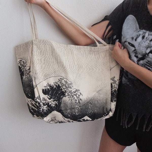 Tsunami Basket Tote Bag, Ocean Classic Japanese  Print, Beach Grocery Go Green Canvas