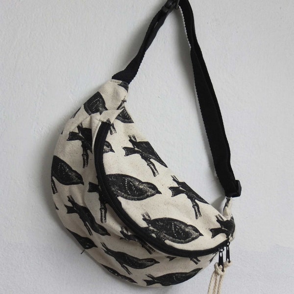 Swallow Sparrow Small Black Birds Design Print Pattern,  Canvas Strap Fanny Pack Bag