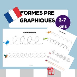 Peut inclure: Feuille de travail éducative avec le texte "FORMES PRE GRAPHIQUES 3-7 ans" et "Suis les pointillés". La feuille de travail présente des lignes pointillées pour le traçage, avec des illustrations d'un oiseau bleu, d'un colibri, d'une grenouille, d'un kangourou et d'escargots.