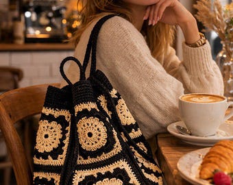 Handmade Crochet Backpack, Ethnic Boho Style, square motifs, Polyester Cord, A gift for women