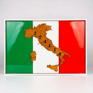 Mapa de Italia de madera para pared – Regalo de inauguración para los amantes de Italia – Mapa rectangular de Italia con acabado de resina brillante – Decoración hecha a mano enmarcada