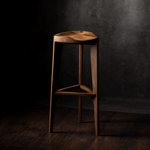 Terza Handmade Solid Wood Bar Stool – Scooped Carved Seat, Walnut Oak Ash Maple Cherry Beech Elm, Minimalist Counter Stool