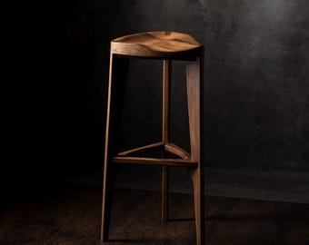 Terza Handmade Solid Wood Bar Stool – Scooped Carved Seat, Walnut Oak Ash Maple Cherry Beech Elm, Minimalist Counter Stool