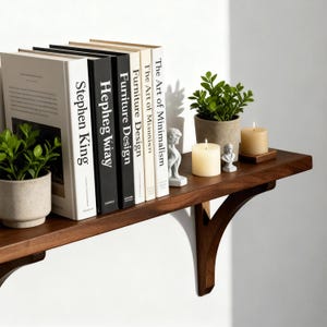 Peut inclure: Une étagère flottante en bois foncé avec des livres, des bougies et de petites plantes. Les livres incluent des titres comme "Stephen King" et "The Art of Minimalism". Deux petites statues et deux bougies allumées sont également sur l'étagère.