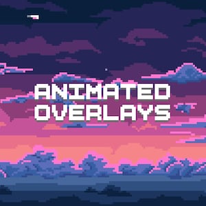 Op de afbeelding: Pixel art landschap met een zonsonderganghemel, wolken en een halve maan. De tekst "ANIMATED OVERLAYS" wordt weergegeven in een wit gepixelde lettertype. Het kleurenpalet bevat tinten paars, roze en blauw.