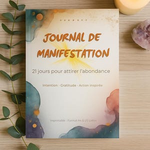May include: A journal titled "JOURNAL DE MANIFESTATION" with text in French, featuring watercolor-style artwork in shades of blue, orange, and gold. The journal is accompanied by a lit candle, a sprig of greenery, and a crystal on a wooden surface.