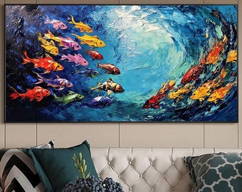 青い海の絵画 - 魚の渦巻きのモダンな壁アート - Etsy 日本