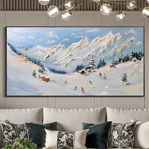 Abstract Ski Sport Oil Painting On Canvas, Large Wall Art,Original Snowy Mountain Landscape Wall Art, Custom Painting Living Room Decor