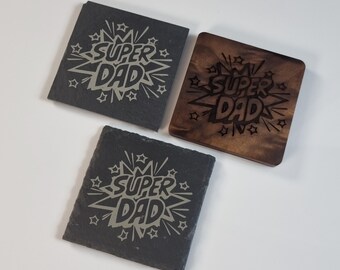 Super Dad Square Coaster - Wooden Or Slate - Fathers Day Gift - Ideal Gift For Dads