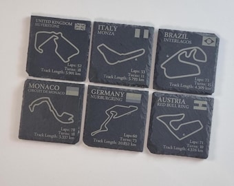 F1 Slate Coasters - Track Info and Circuit Layouts - Gift - Laser Engraved - Formula 1