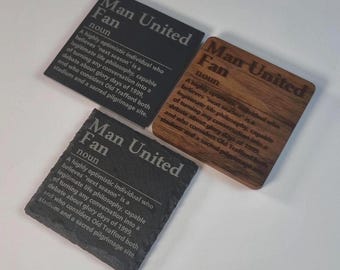 Manchester United Inspired FC Coasters - Slate - Wooden - Personalised - Brand New - Gift