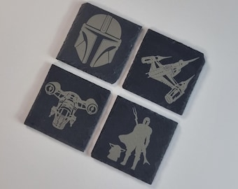 Star Wars The Mandalorian Inspired Square Slate Coasters  - Gift - Laser Engraved - Engraved - Personalisation