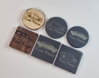 Tesla Silhouette Coaster - Model S, Y, X, 3 & Cypertruck  - Your Name Or Message Engraved - Personalised - Slate or Wood - Round Or Square