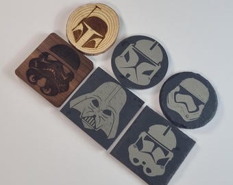 Star Wars Helmet Inspired Coaster - Engraved Slate or Wood, Personalized Gift