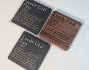 Leeds Inspired FC Coasters - Slate - Wooden - Personalised - Brand New - Gift
