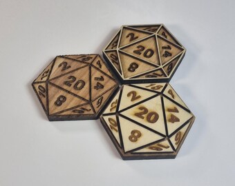 DnD Inspired Dice Hexagon Coaster - Engraved & Cut Wooden Coaster - Made From Treated Wood