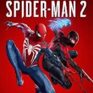 Op de afbeelding: Omslagontwerp van de game Marvel Spider-Man 2. Twee Spider-Man-personages in dynamische poses tegen een rode achtergrond. Eén Spider-Man draagt een rood en blauw pak, de ander een zwart en rood pak. De Marvel- en Spider-Man 2-logo's staan bovenaan.