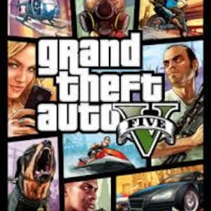 May include: A collage of images featuring scenes from the video game "Grand Theft Auto V." The central image displays the game's logo, with the title in white letters and the Roman numeral "V" in a green and silver emblem. Other images include a helicopter, a gas mask, and a car.