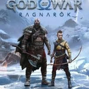 Könnte beinhalten: Das Cover des Videospiels God of War Ragnarök zeigt zwei Charaktere in einer schneebedeckten Landschaft. Ein bärtiger Mann hält eine Axt, während ein junger Mann einen Bogen hält. Der Titel des Spiels ist oben zu sehen.