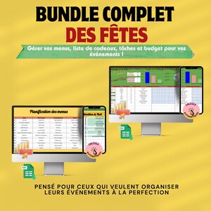 Puede incluir: Un paquete digital para la planificación de eventos, mostrado en un monitor de computadora y dos teléfonos inteligentes. Las pantallas muestran hojas de cálculo y gráficos. El texto incluye "BUNDLE COMPLET DES FÊTES". Un icono CSV verde es visible.