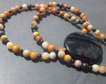 long Obsidian Mirror Amazonite black Tourmaline Necklace