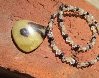 Septarian Rock Crystal yellow Calcite Bronzite Necklace