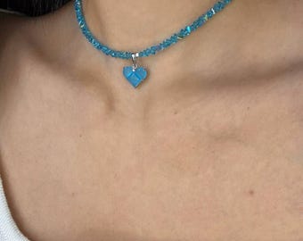 Blue Crystal Chip Choker | Heart Pendant Necklace