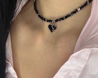 Black Crystal Heart Choker | Gothic Gemstone Pendant Necklace