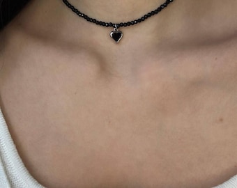 Black Spinel Choker Necklace | Minimalist Gemstone Necklace with Heart Charm